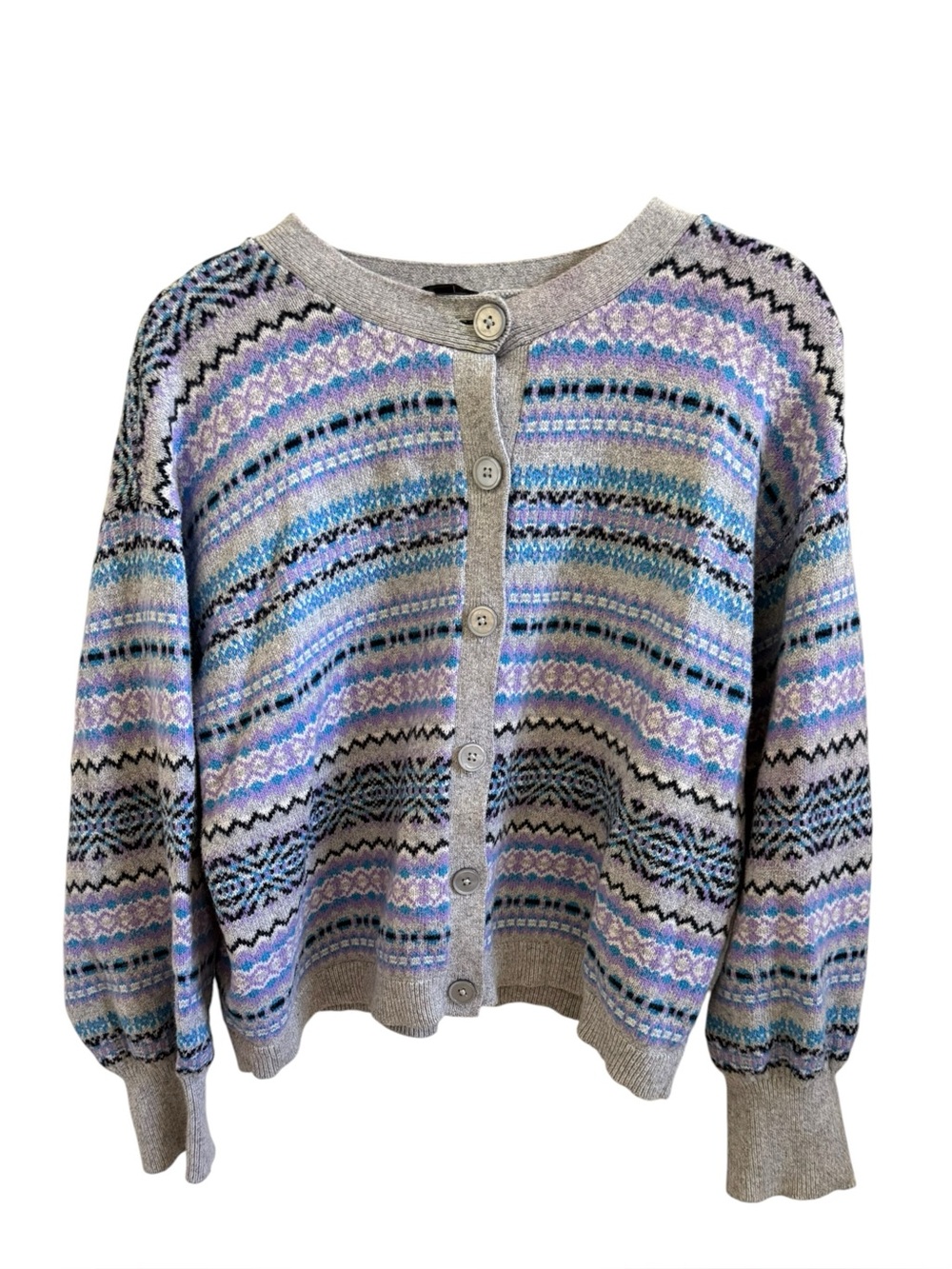 Talbots Lavender Blue Grey Crewneck Fairisle Cardigan XL - Picture 2 of 8